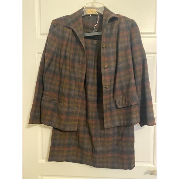 VTG PENDLETON Shirt SKIRT Set Brown Red Black PLAID 100% Wool Sz 14 Pencil - Picture 1 of 16